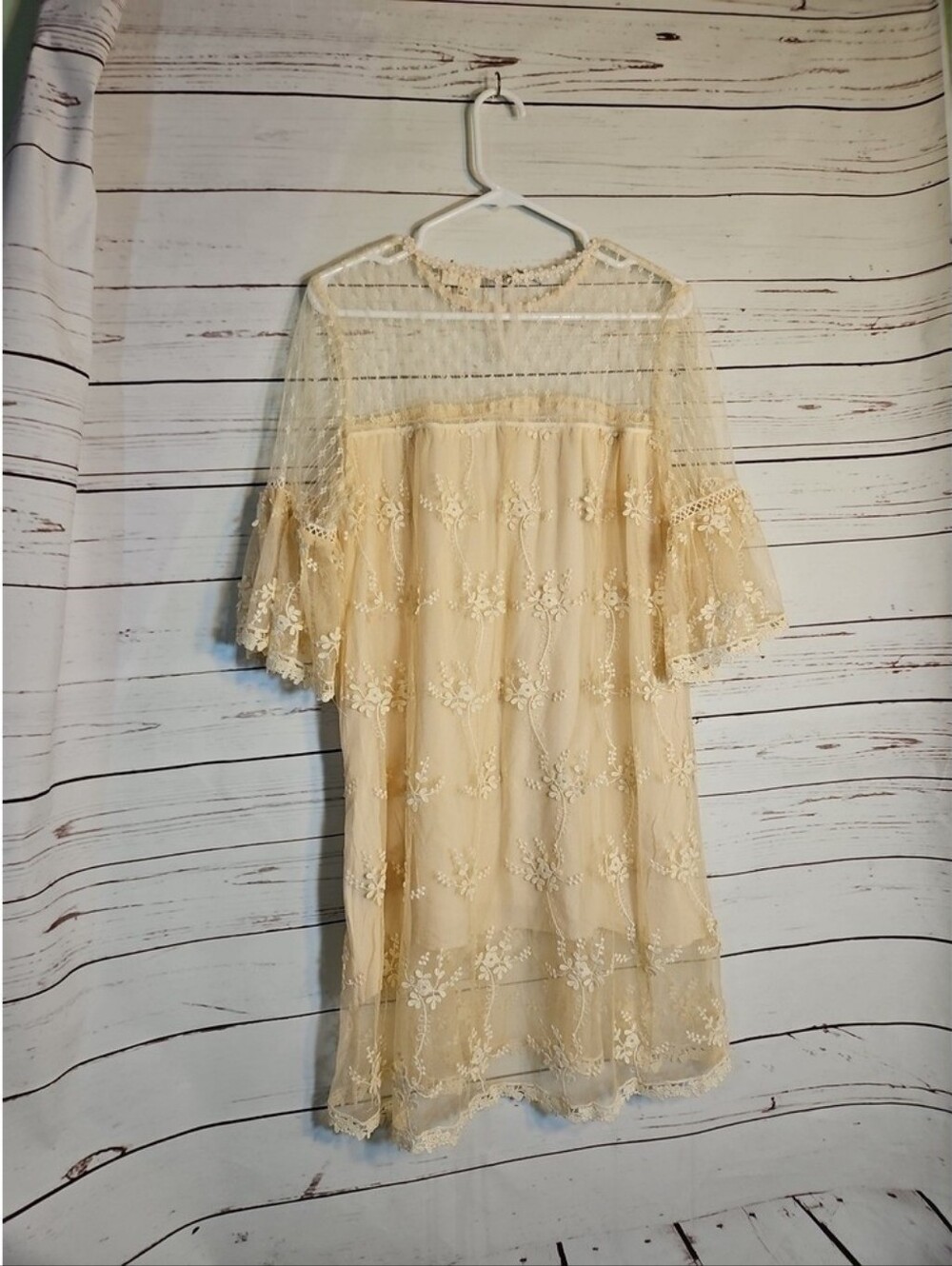 POL Sheer Ivory Lace Floral Embroidered Overlay Dress With Belle Sleeves Sz S - Picture 6 of 16